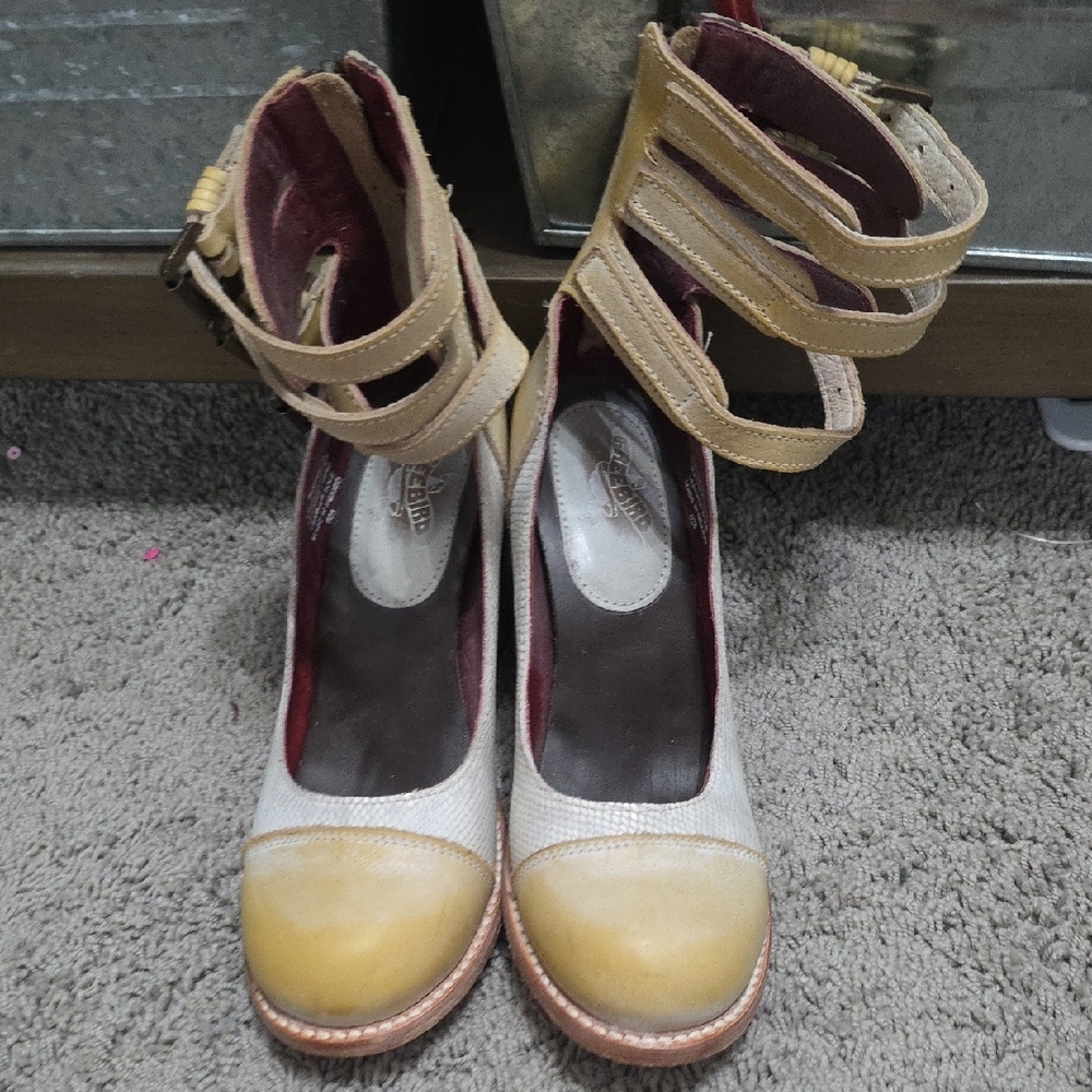 Freebird Beige and Yellow Ankle Strap Heels BONNIE